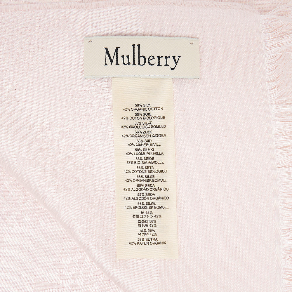 Mulberry Tree Rectangular Scarf in black, laid flat to show an all-over tonal jacquard tree motif, fringe hem trim, and Mulberry wordmark woven along the border