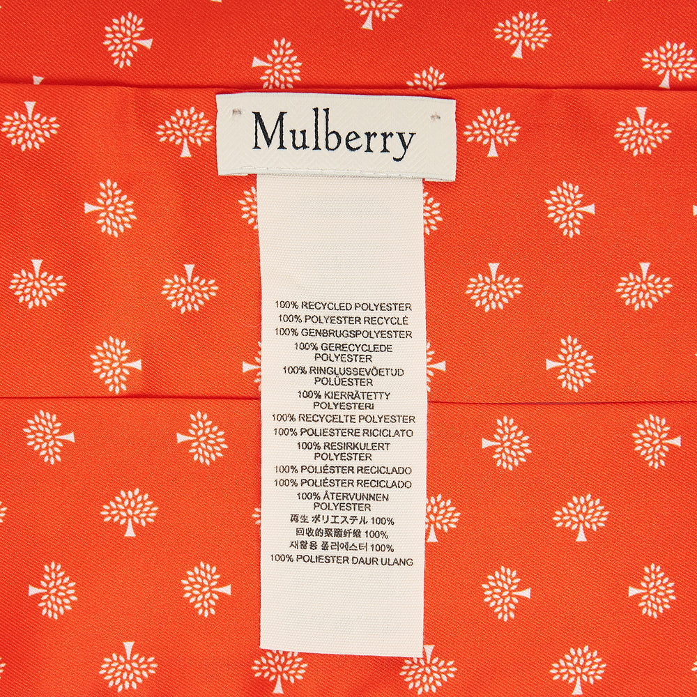 Mulberry Tree Skinny Scarf in camel with all-over white mulberry tree print, white border trim, and Mulberry logo at pointed ends