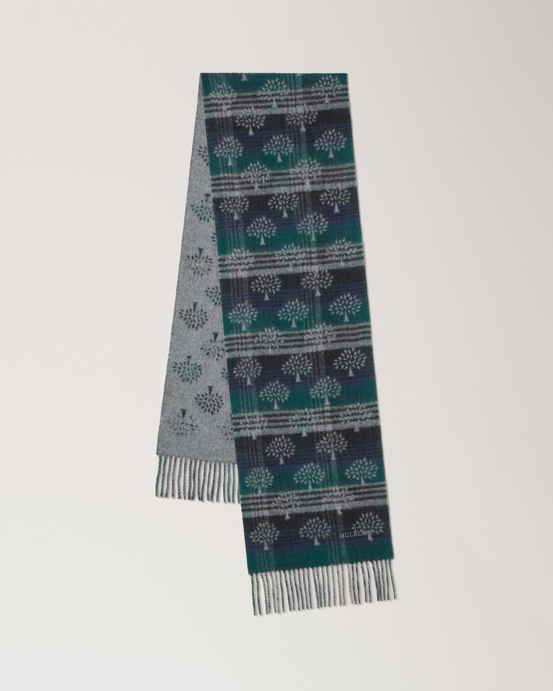 Mulberry Heritage Check & Tree scarf in green, navy, and grey with tree motifs, fringed ends, and a reversible grey side