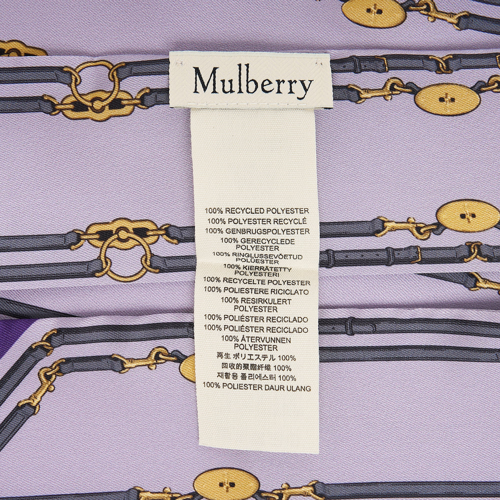 Mulberry Belted Border Skinny Scarf in lilac with equestrian bridle and gold-tone bit print, featuring purple and ivory colour-block ends with Mulberry wordmark