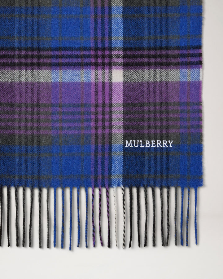 Mulberry long scarf in a blue and purple heritage check with fringed ends and embroidered logo - view 3