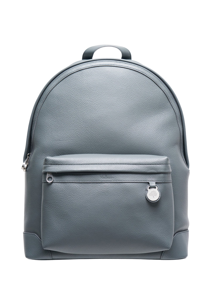 Mulberry Heritage Casual Backpack in slate blue pebbled leather with silver hardware and signature tree charm zip pull, front view
