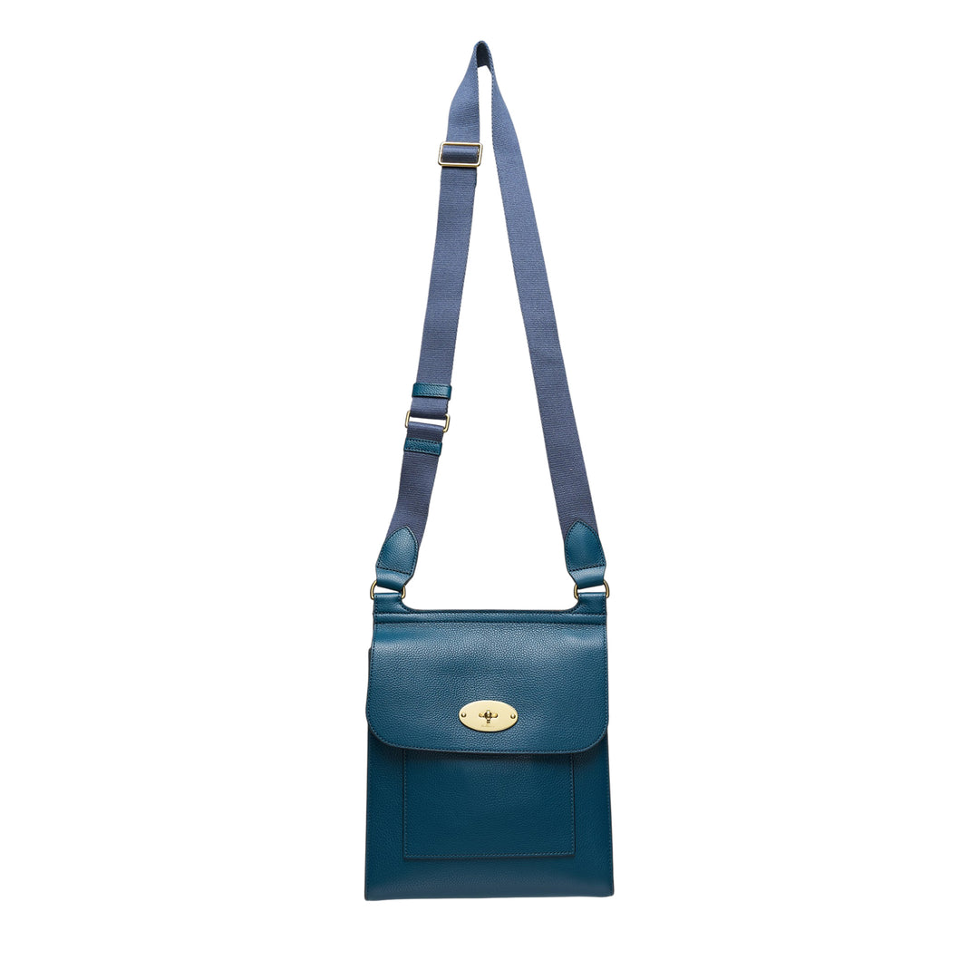 Mulberry Antony Medium Crossbody bag in teal pebbled leather with brass postman's lock closure, front slip pocket, and adjustable grosgrain webbing strap