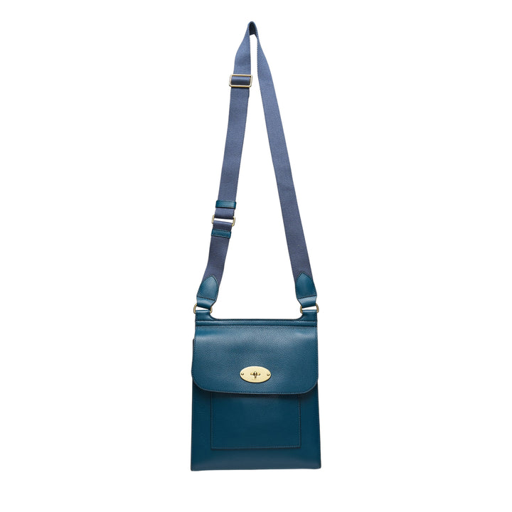 Mulberry Antony Medium Crossbody bag in teal pebbled leather with brass postman's lock closure, front slip pocket, and adjustable grosgrain webbing strap