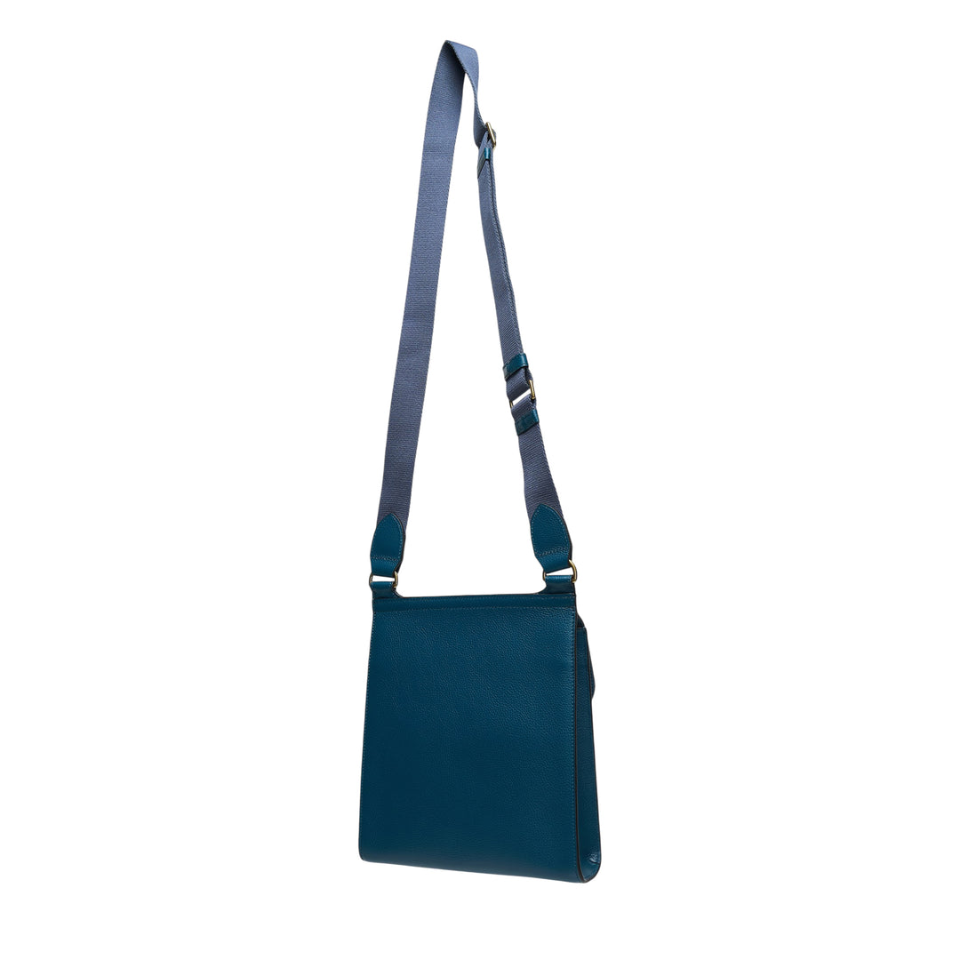 Mulberry Antony Medium Crossbody bag in teal pebbled leather with brass postman's lock closure, front slip pocket, and adjustable grosgrain webbing strap