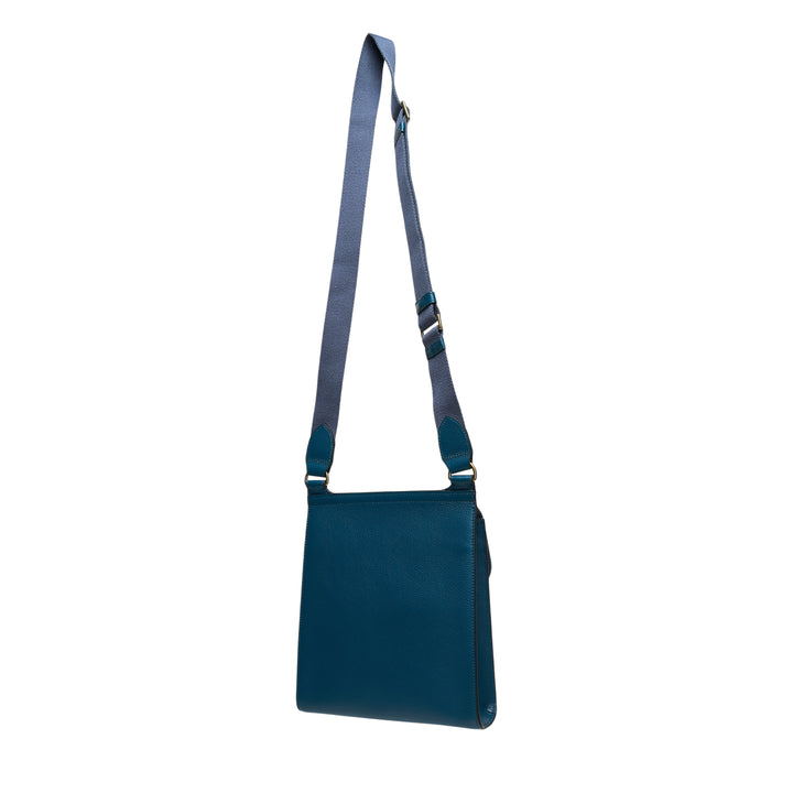 Mulberry Antony Medium Crossbody bag in teal pebbled leather with brass postman's lock closure, front slip pocket, and adjustable grosgrain webbing strap