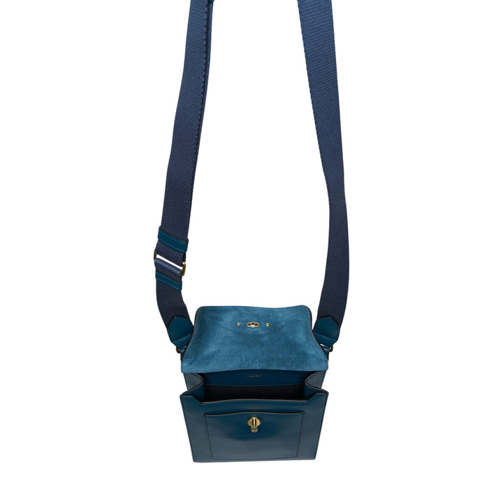 Mulberry Antony Medium Crossbody bag in teal pebbled leather with brass postman's lock closure, front slip pocket, and adjustable grosgrain webbing strap