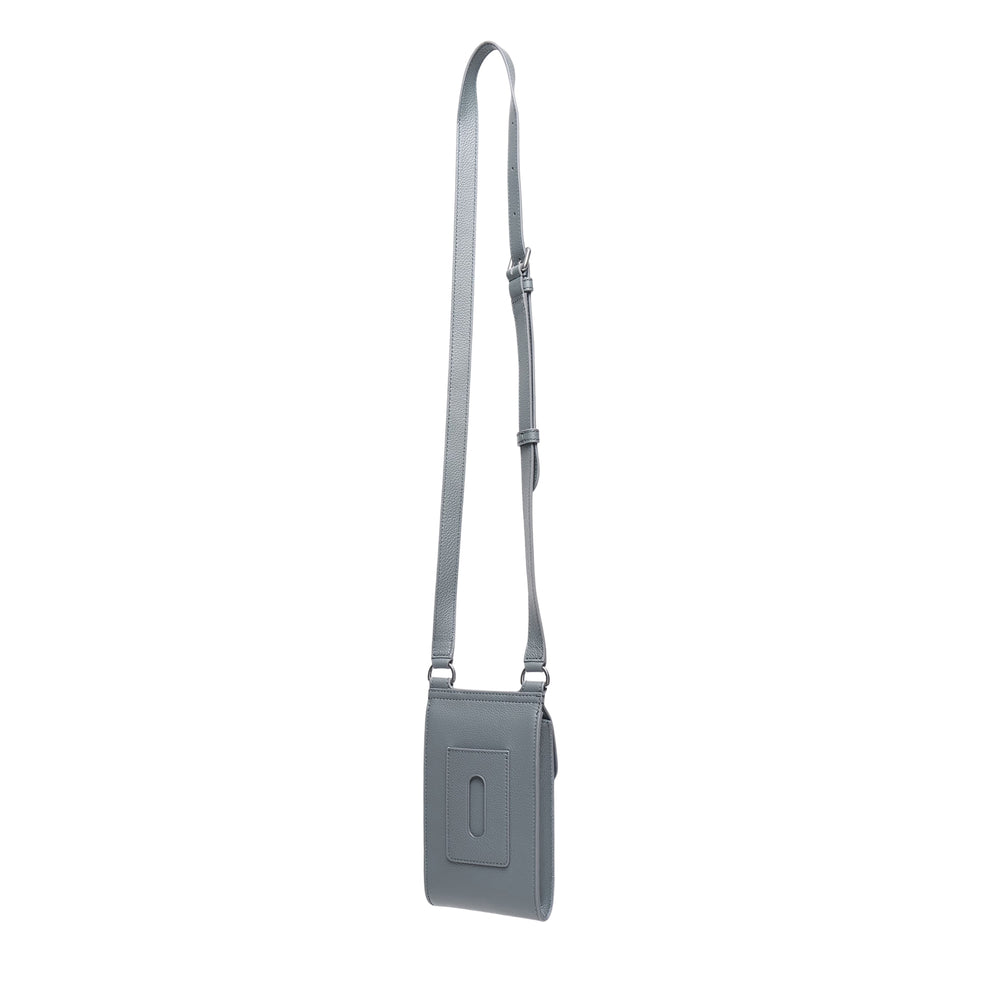 Mulberry Mini Antony Phone Pouch in slate blue pebbled leather with silver postman's lock closure and long adjustable crossbody strap, shown on a white background - view 2