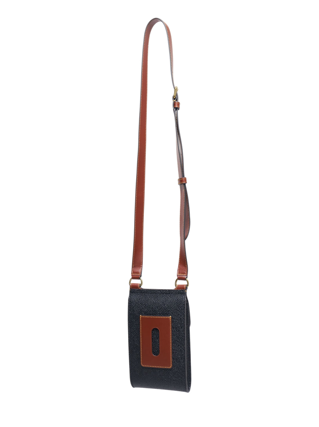 Mulberry Mini Antony Phone Pouch in navy Scotchgrain with tan leather flap, antique brass Postman's Lock closure, and long adjustable crossbody strap - view 2