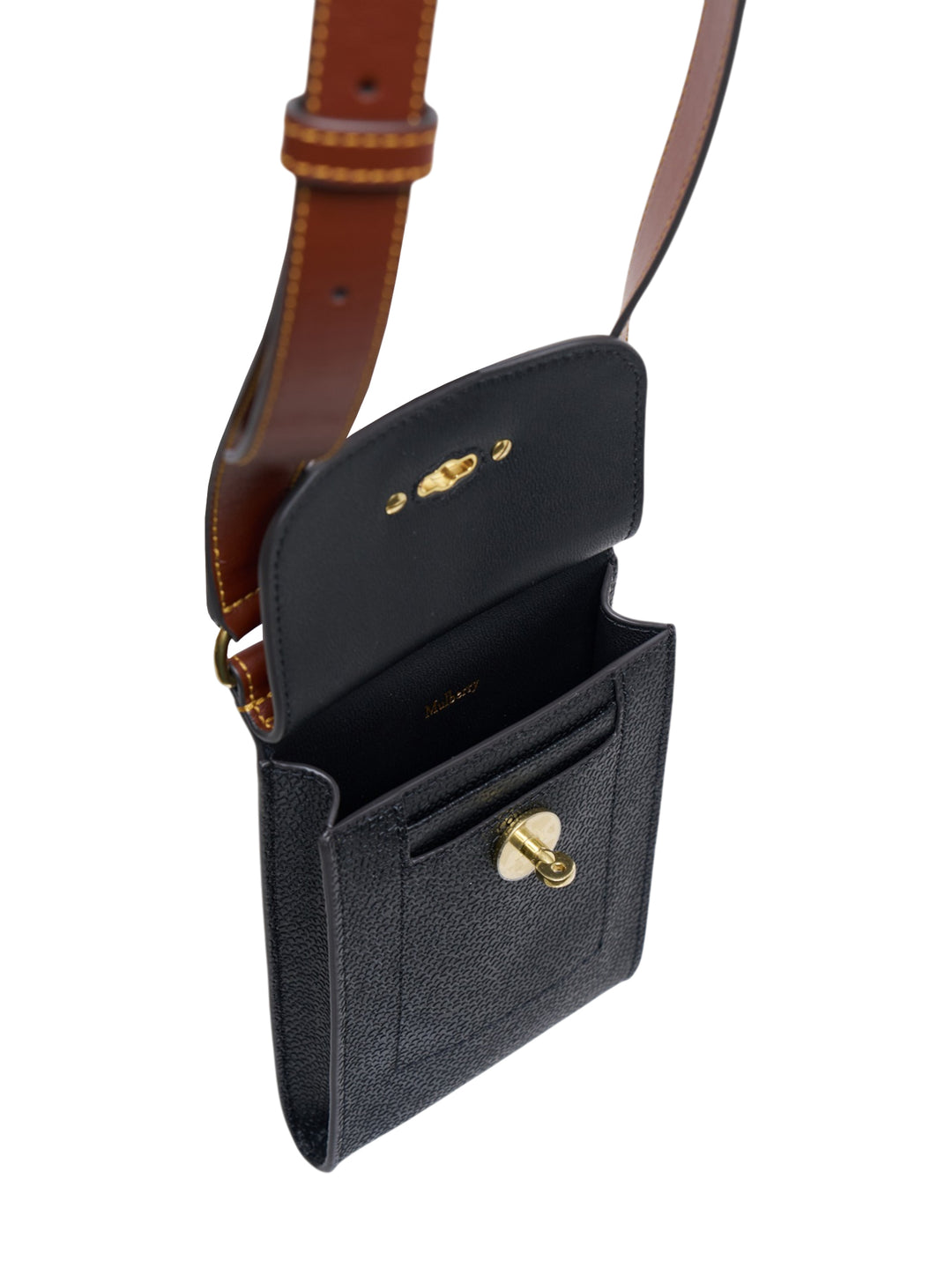 Mulberry Mini Antony Phone Pouch in navy Scotchgrain with tan leather flap, antique brass Postman's Lock closure, and long adjustable crossbody strap - view 3