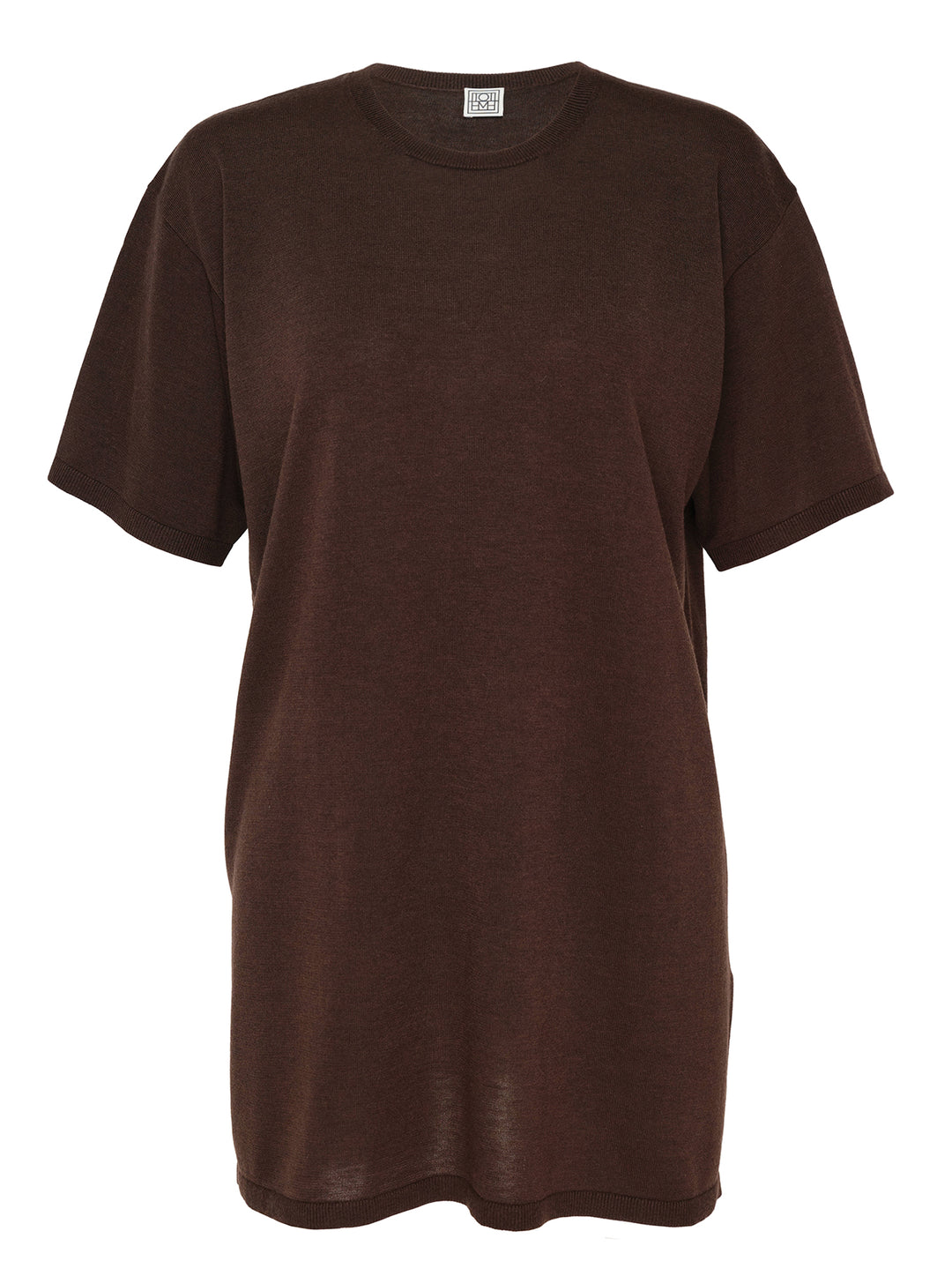 Totême Knit Short Sleeve Tee in chocolate brown, featuring an oversized silhouette, ribbed crew neck and cuffs, and elongated body
