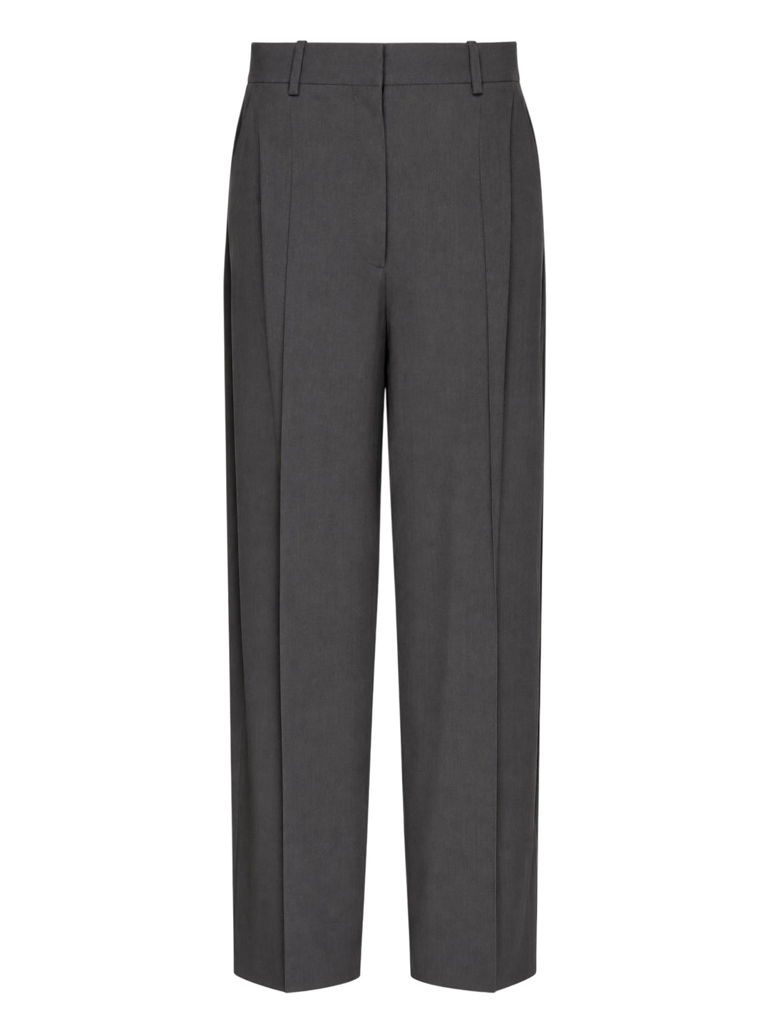 Totême High-Waist Pleated Trousers in charcoal grey, featuring front double pleats, a wide-to-tapered leg, and a structured high-rise waistband, shown flat on a white background