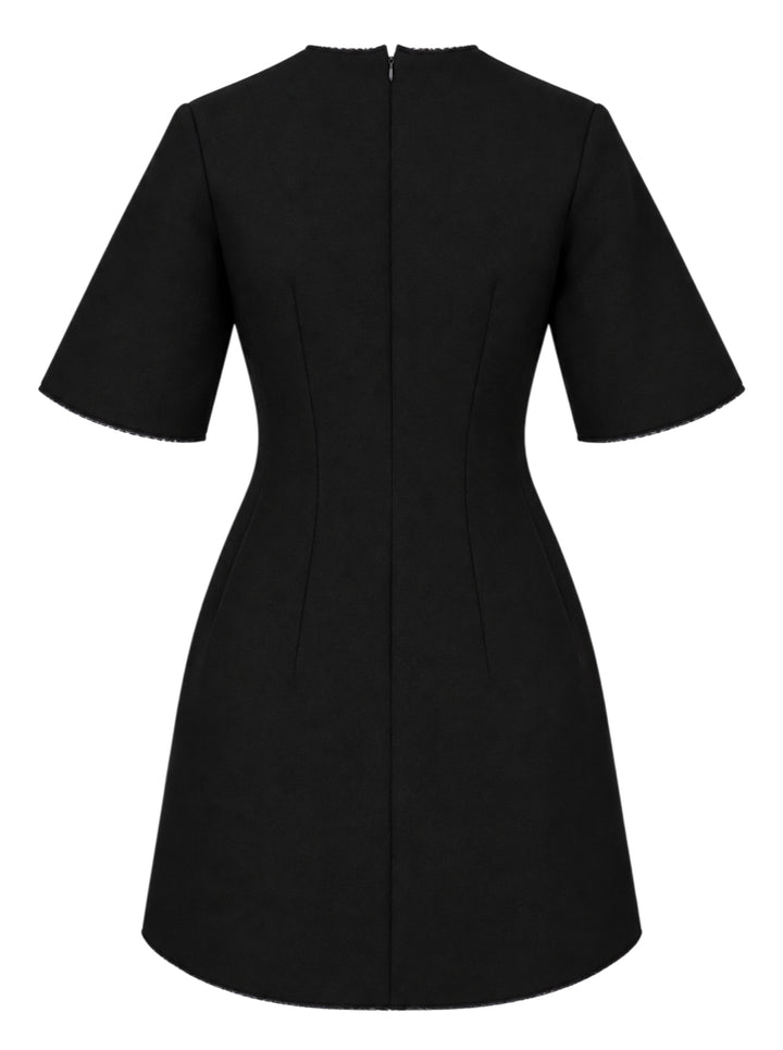 Totême Sculptural Short Dress in black — A-line silhouette with structured vertical seaming, short sleeves with frayed trim, and concealed back zip closure - view 2