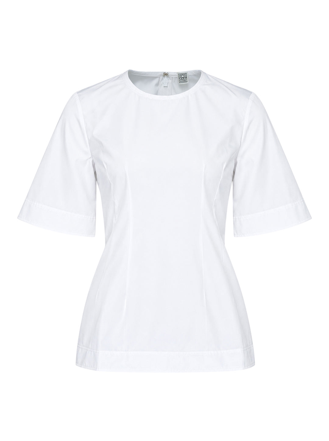 Toteme Sculptural Cotton Top in white, featuring a fitted seamed bodice, round neckline, and short fluted sleeves with a folded hem detail, shown from the front against a white background