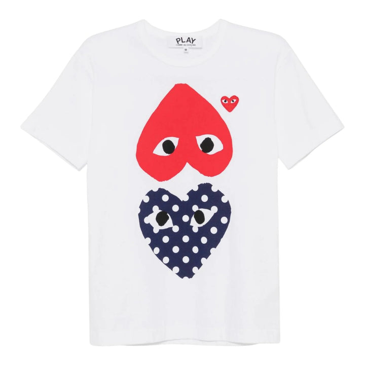 Comme des Garçons PLAY white short sleeve tee with oversized stacked red and navy polka-dot heart graphic print and small embroidered red heart logo on chest
