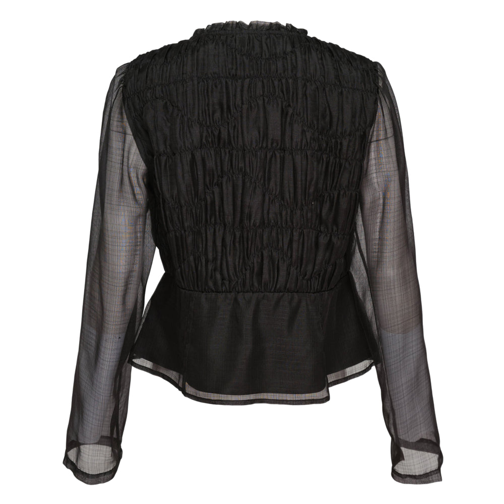 Renli Su black silk long sleeve blouse with sheer organza sleeves, tiered ruched bodice, sequin floral appliqués, antique gold button-front closure, and fitted peplum hem