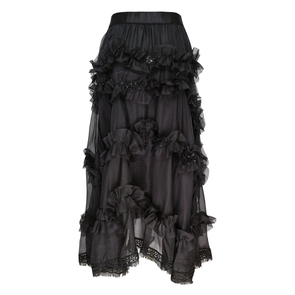 Renli Su black silk sheer tiered ruffle skirt with sequin lace appliqués and asymmetric scalloped lace-fringed hem, displayed on a white background