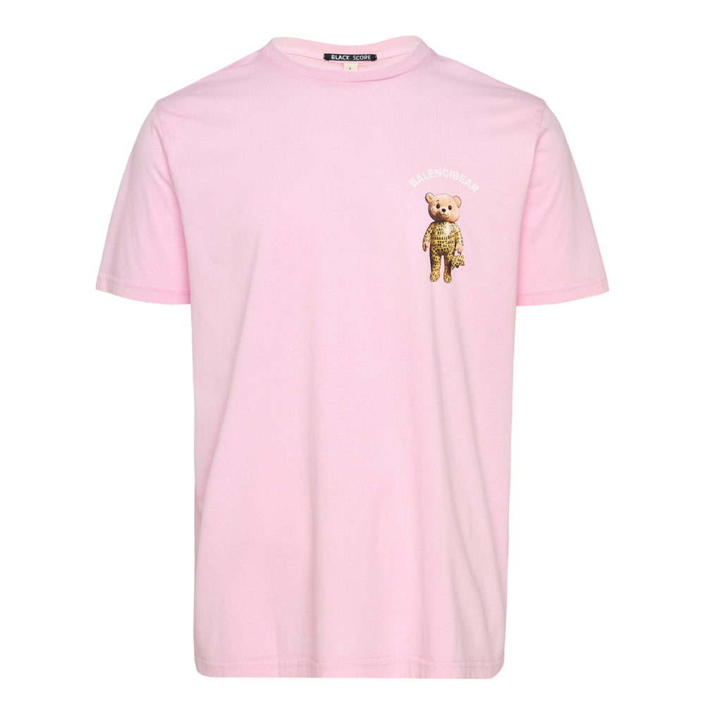 Black Score Balencibear graphic tee in black, featuring a monogram-print teddy bear motif with arched text on the chest, unisex crew neck short sleeve style