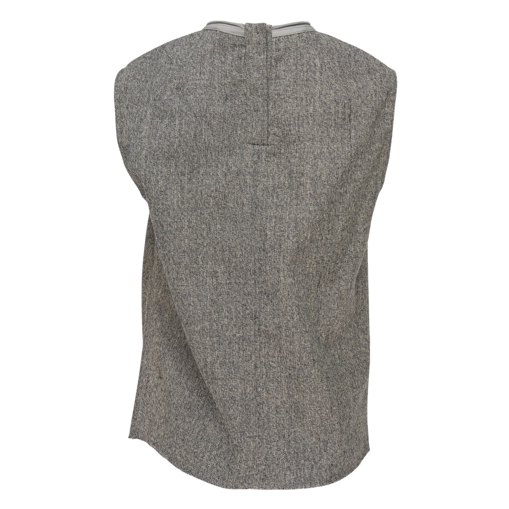 Rick Owens Subhuman Bishu Wool sleeveless top in grey, back view showing dramatic sculptural drape panel falling from the ribbed snap-button neckline with raw-edge hem
