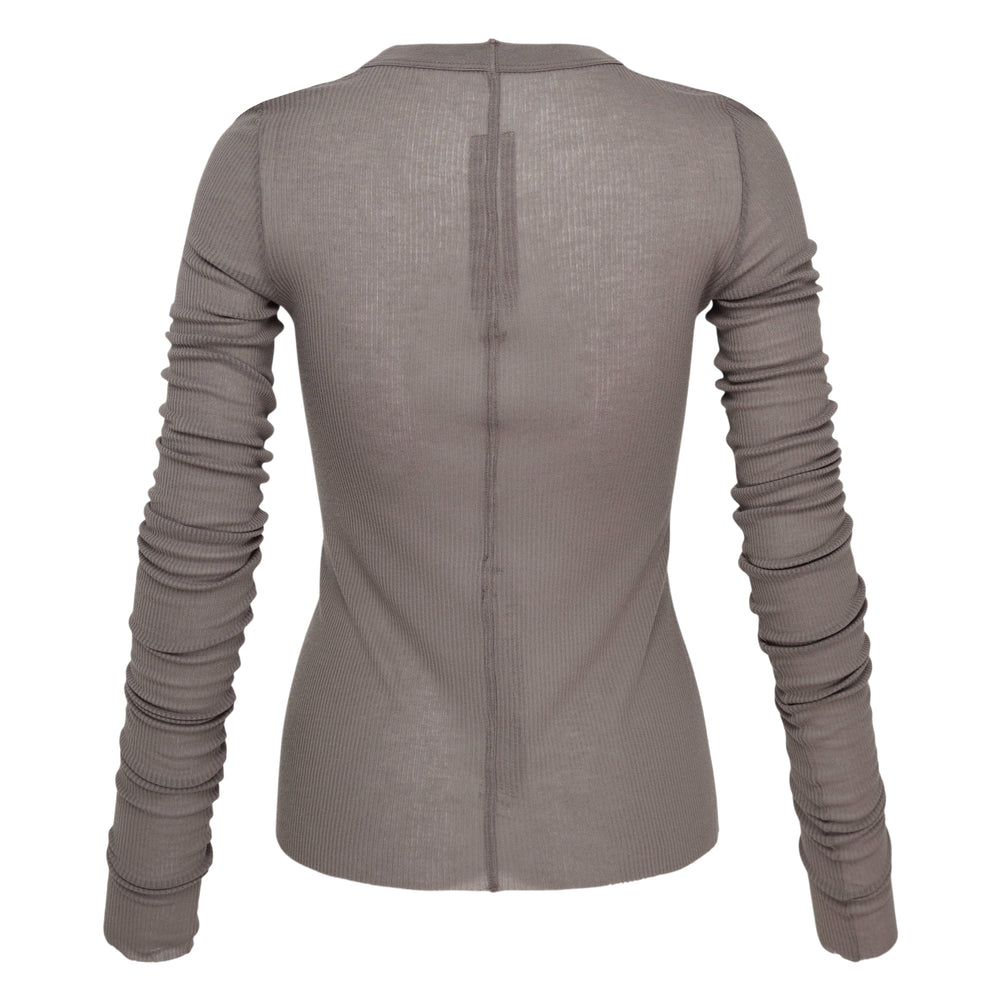 Rick Owens Cropped Rib Long Sleeve Tee in taupe grey viscose-silk blend, featuring a fitted ribbed body, ruched elongated sleeves, and a small back keyhole neckline