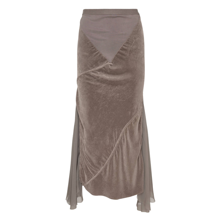 Rick Owens Double Sliced Midi Skirt in taupe crushed velvet with diagonal seaming and fluid chiffon hem panels, front view on white background