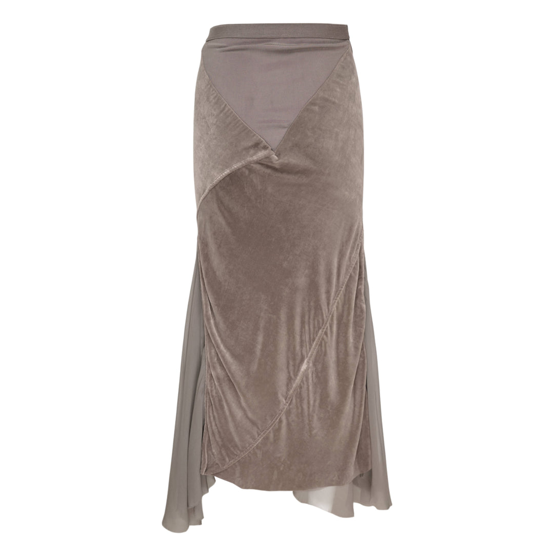 Rick Owens Double Sliced Midi Skirt in taupe crushed velvet with diagonal seaming and fluid chiffon hem panels, front view on white background - view 2