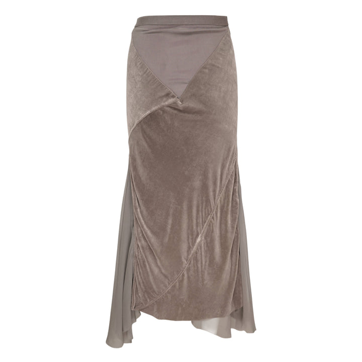 Rick Owens Double Sliced Midi Skirt in taupe crushed velvet with diagonal seaming and fluid chiffon hem panels, front view on white background - view 2