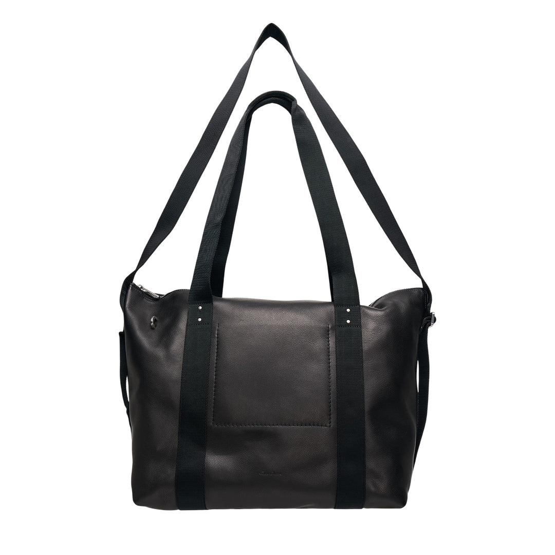 Rick Owens Grainy Cow Leather Tote in black, shown front-facing with dual grosgrain shoulder straps, zip closure, front flat pocket, and a detachable crossbody strap