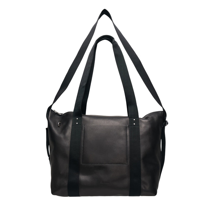 Rick Owens Grainy Cow Leather Tote in black, shown front-facing with dual grosgrain shoulder straps, zip closure, front flat pocket, and a detachable crossbody strap