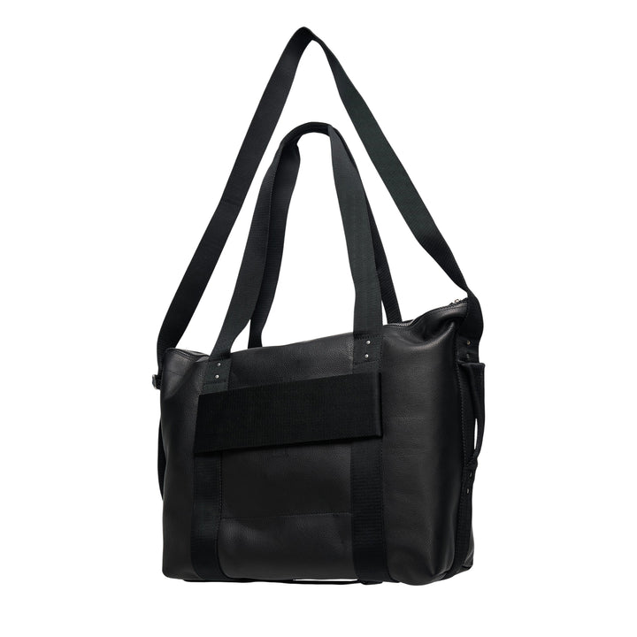 Rick Owens Grainy Cow Leather Tote in black, shown front-facing with dual grosgrain shoulder straps, zip closure, front flat pocket, and a detachable crossbody strap