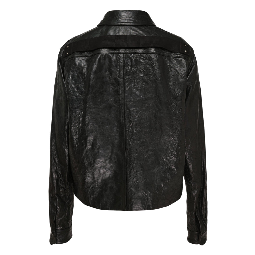 Rick Owens Alice Jacket in black tumbled lamb leather with crinkled texture, point collar, concealed snap closure, and cropped silhouette — front view