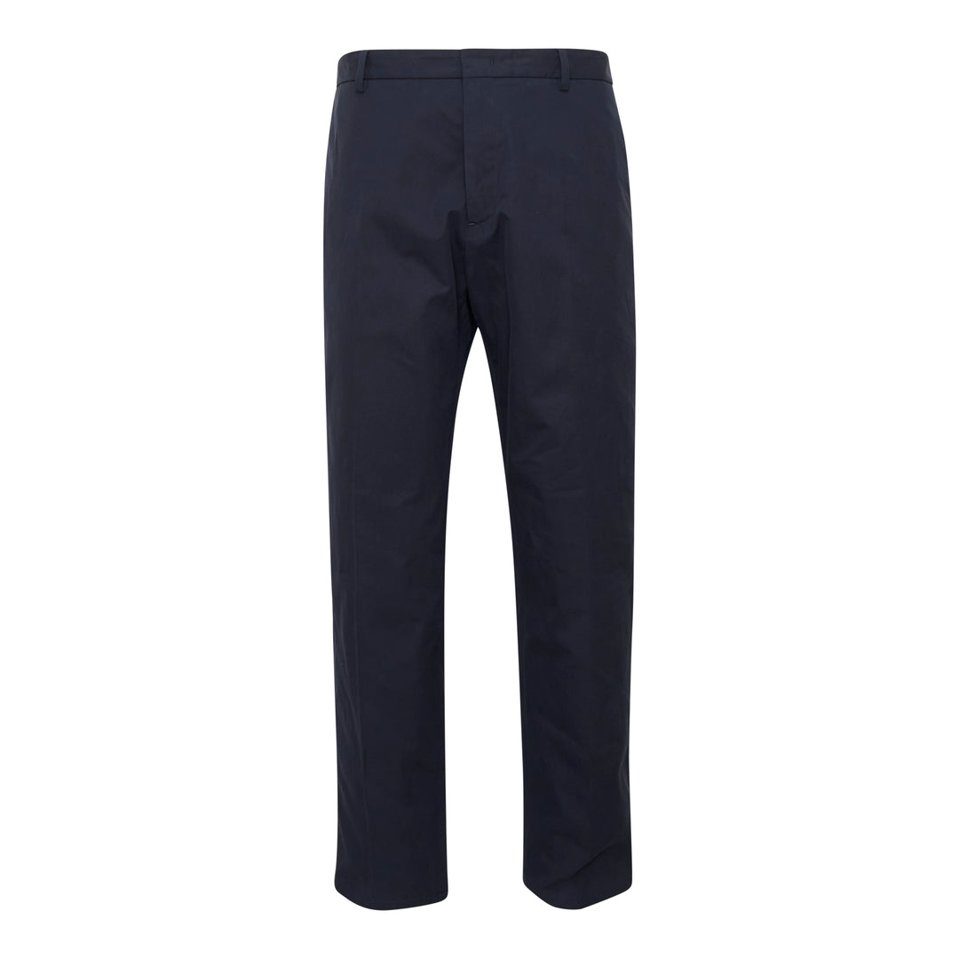 Jil Sander light brushed wool trousers in navy, featuring a high-rise waistband, pressed front creases, and a tapered straight-leg silhouette