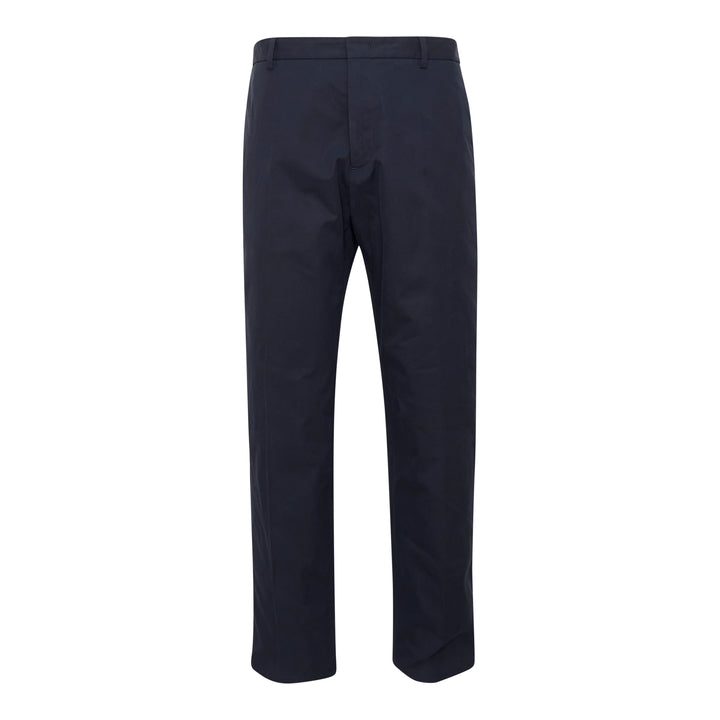 Jil Sander light brushed wool trousers in navy, featuring a high-rise waistband, pressed front creases, and a tapered straight-leg silhouette