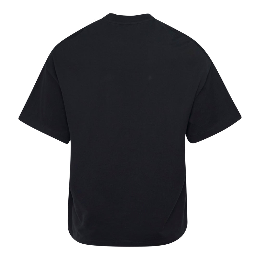 Jil Sander white oversized plain cotton short sleeve tee with vertical logo print at the hem and woven label at the neckline
