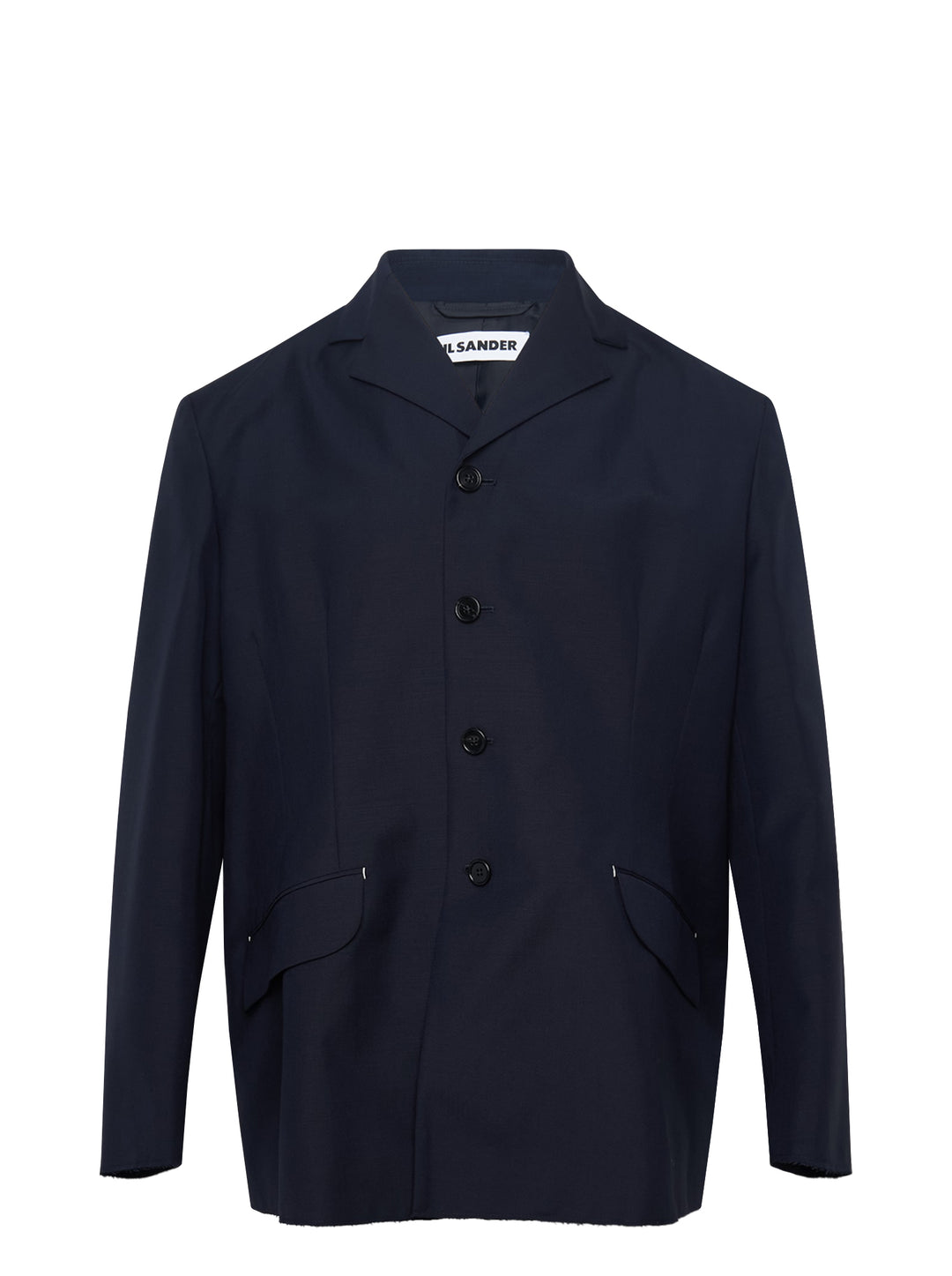 Jil Sander navy fil-a-fil wool jacket with camp collar, four-button fastening, and curved flap pockets with metal hardware — front view on white background