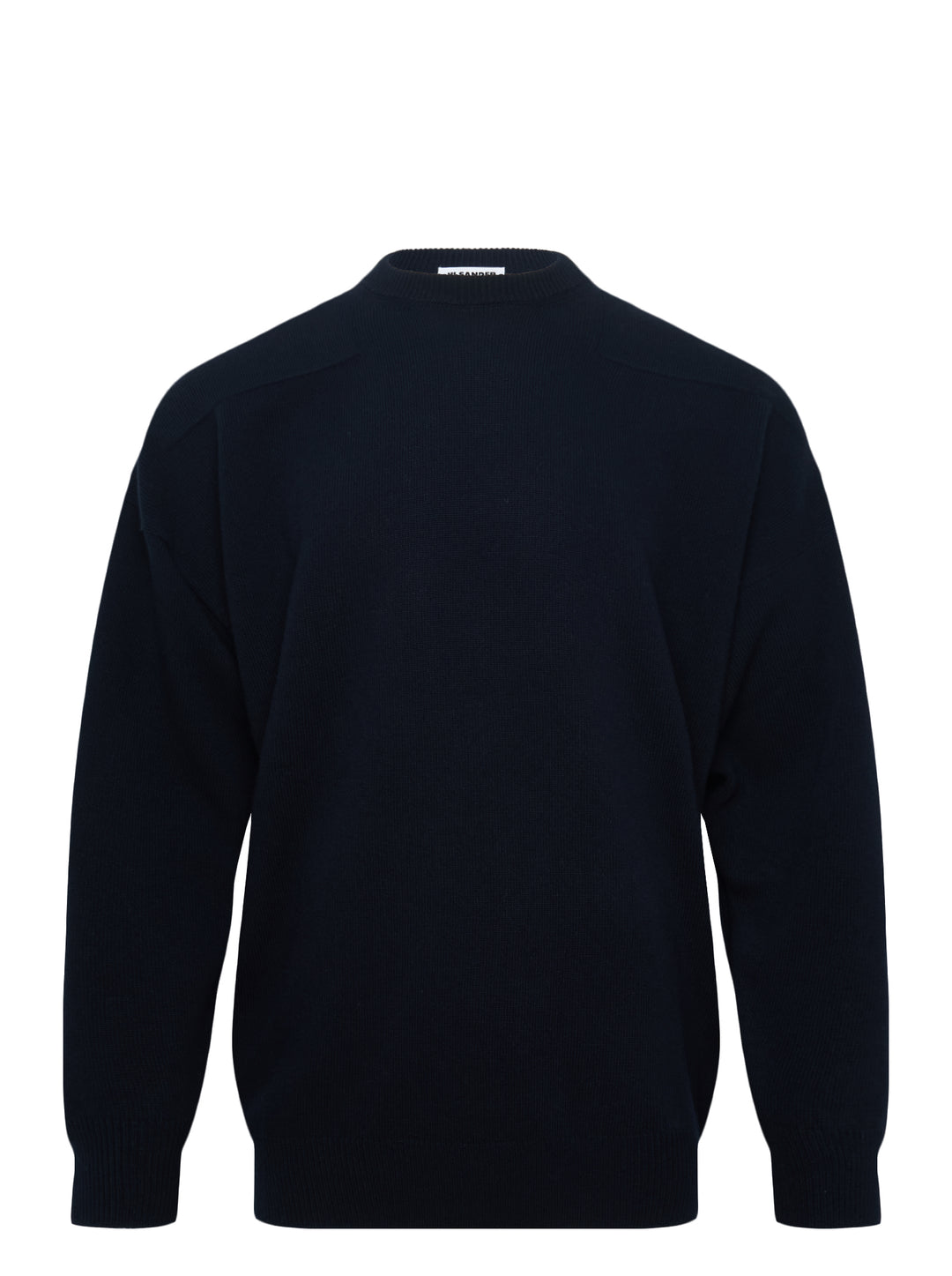 Jil Sander navy long sleeve structured knit jumper with tonal panelling and ribbed crewneck, cuffs, and hem, displayed flat on white background