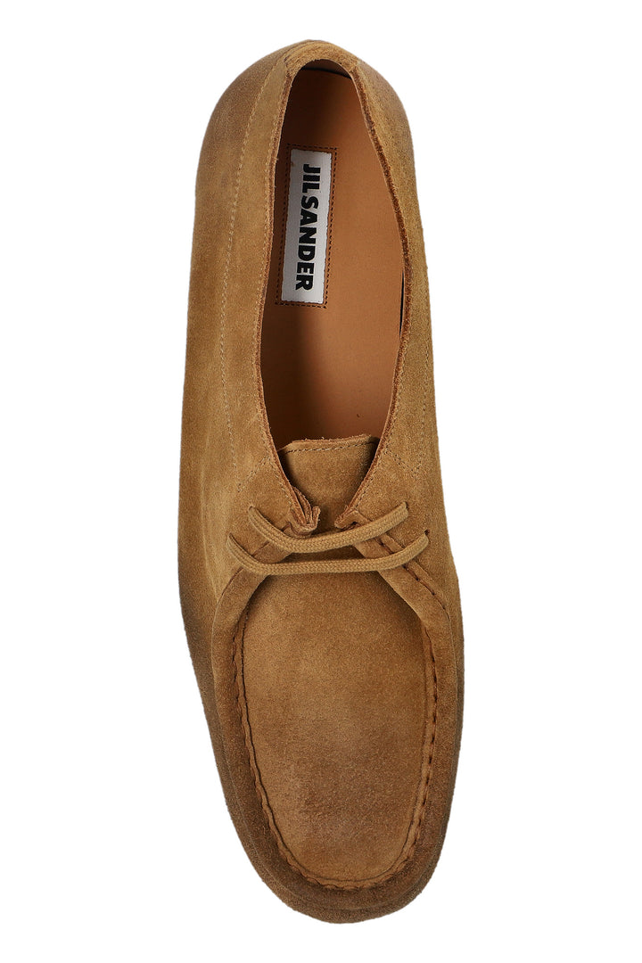 Jil Sander Hood lace-up shoes in tan calf suede with hand-stitched moccasin toe, shown in side profile - view 4