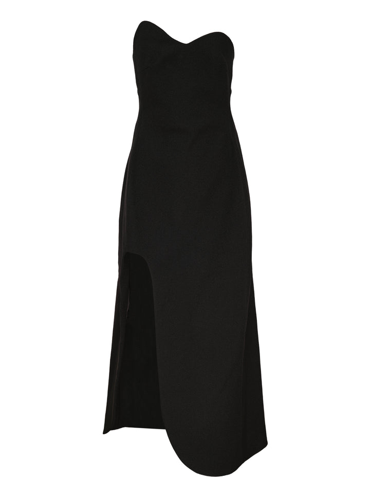 Jil Sander Heavy Textured Sable Gown in black, featuring a structured strapless sweetheart neckline, high slit, and asymmetric hem