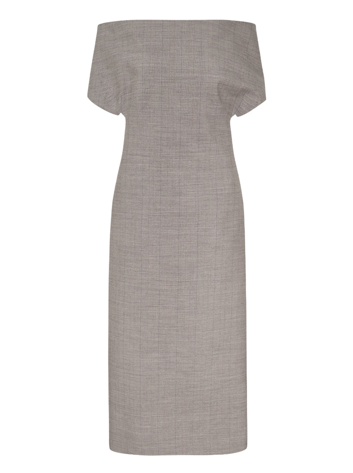 Jil Sander grey subtle check wool midi dress with off-the-shoulder neckline and short cap sleeves