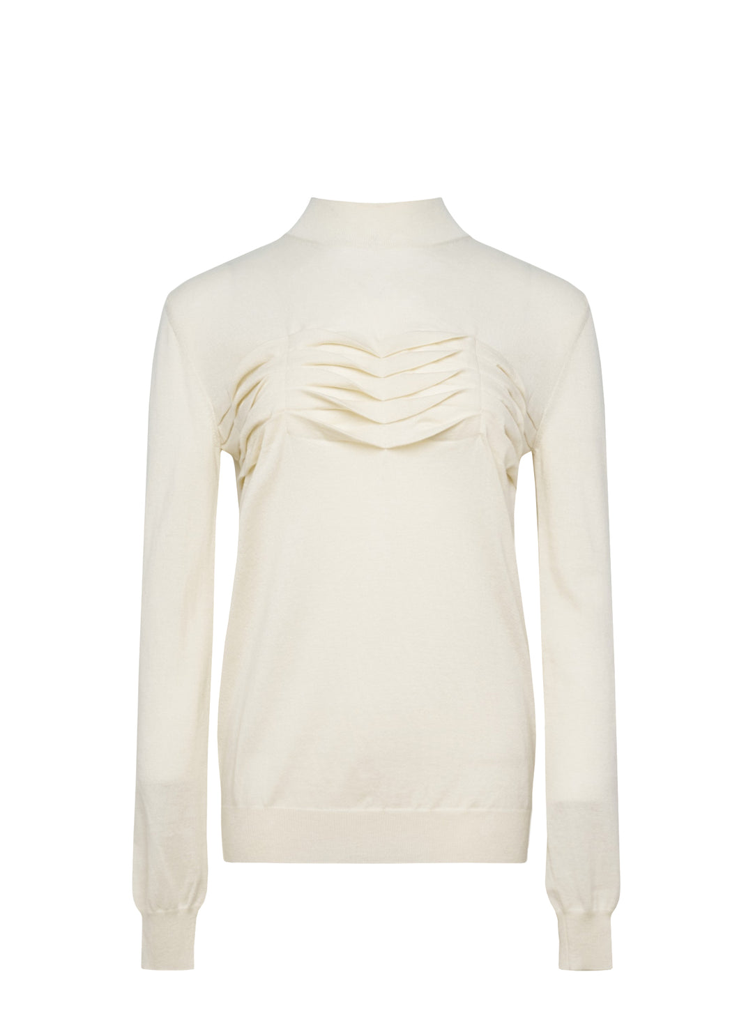 Jil Sander ivory long sleeve mock-neck cashmere jumper with sculptural chevron pleated chest detail, displayed flat on white background