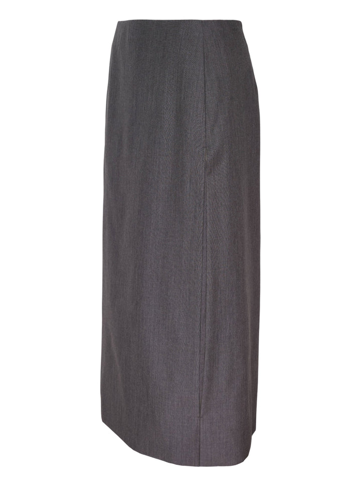 Jil Sander charcoal grey wool mohair pencil skirt with a high waist and side slit, shown front view - view 3
