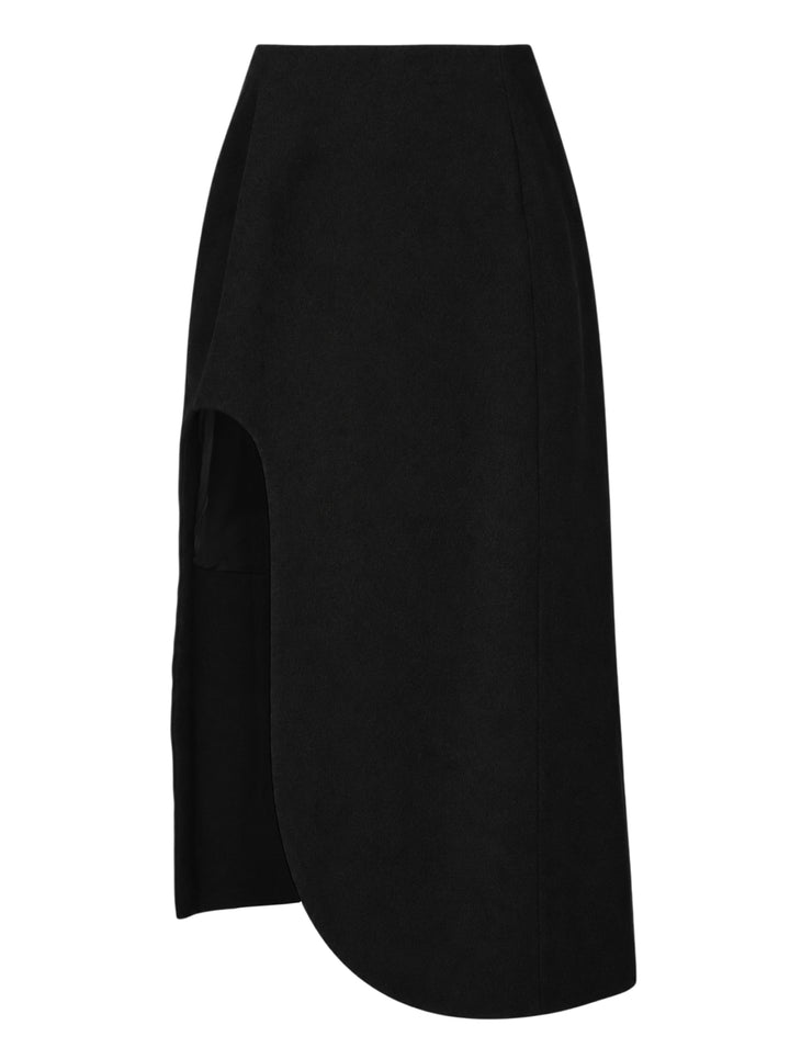 Jil Sander heavy textured sablé black midi skirt with dramatic asymmetric cut-out hem and high-rise waistband, displayed on white background
