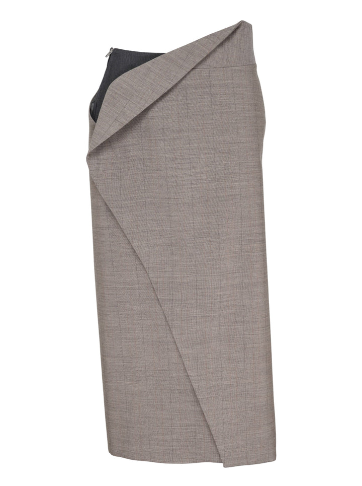 Jil Sander Subtle Check Wrap Skirt in taupe melange wool with sculptural origami fold at waist and diagonal overlay seam, midi length, side view