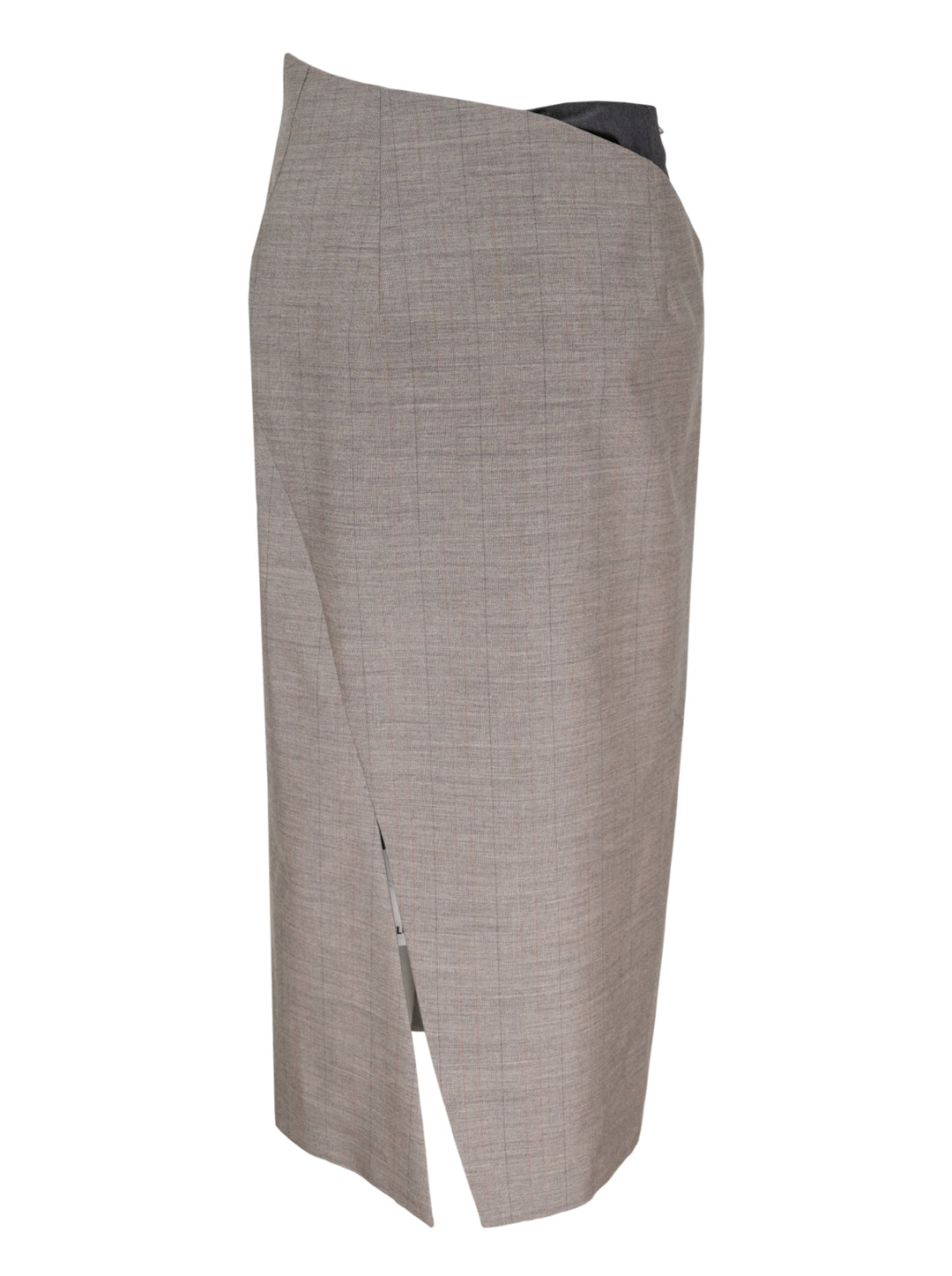 Jil Sander Subtle Check Wrap Skirt in taupe melange wool with sculptural origami fold at waist and diagonal overlay seam, midi length, side view - view 2