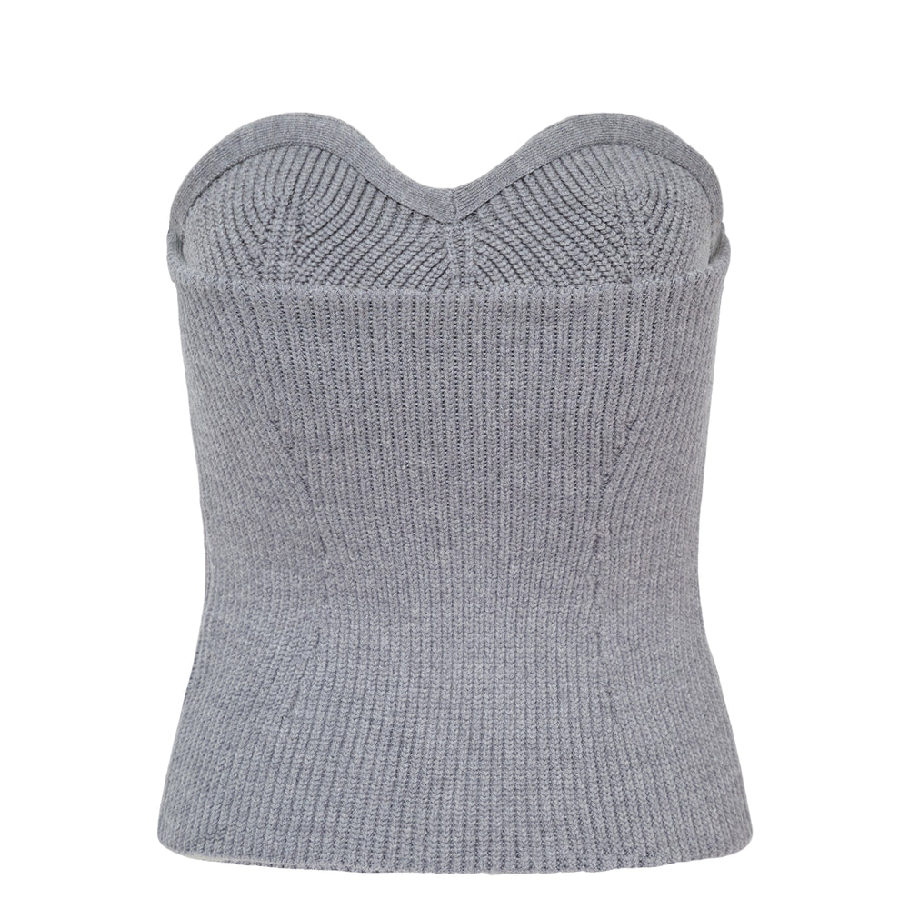 Jil Sander strapless ribbed wool knit top in heather grey with a sculpted sweetheart neckline - view 2