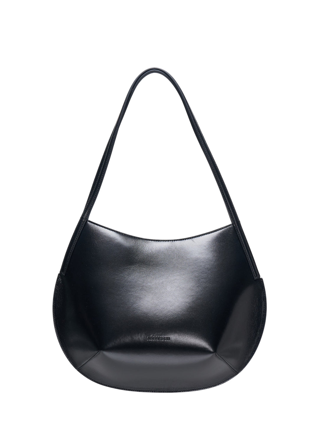 Jil Sander Kante Shoulder Bag in black shiny lambskin leather with a crescent silhouette and single flat shoulder strap, front view on white background