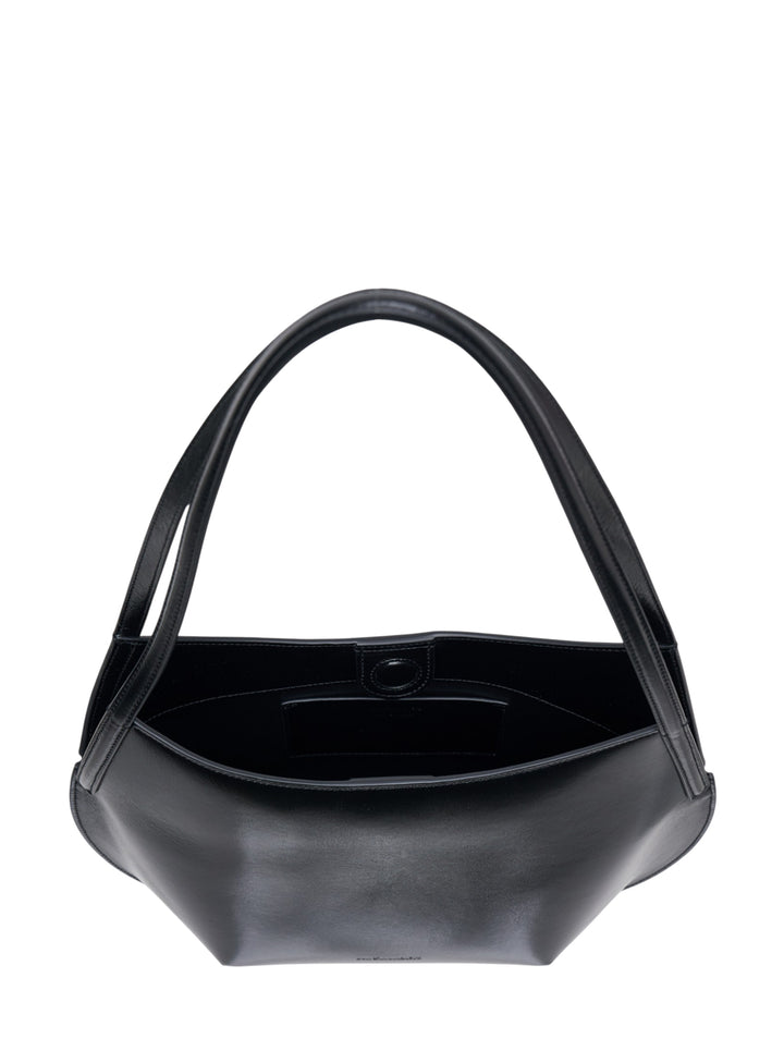 Jil Sander Kante Shoulder Bag in black shiny lambskin leather with a crescent silhouette and single flat shoulder strap, front view on white background - view 3
