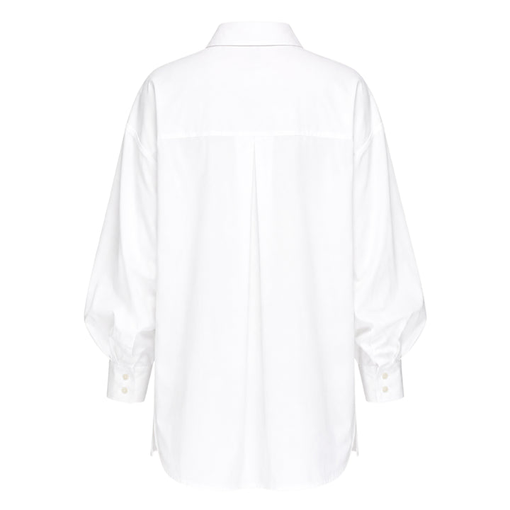 Carolina Herrera Clara Shirt in white cotton with voluminous bishop sleeves, point collar, and pearlescent button-front placket, displayed flat on a white background