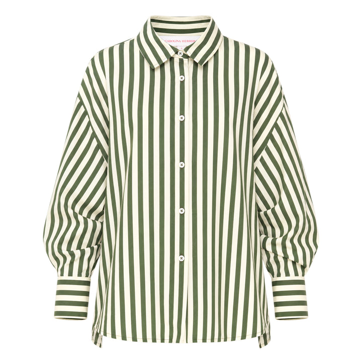 Carolina Herrera Clara Shirt in forest green and ivory vertical stripes, featuring an oversized fit, voluminous bishop sleeves with buttoned cuffs, and a button-front fastening