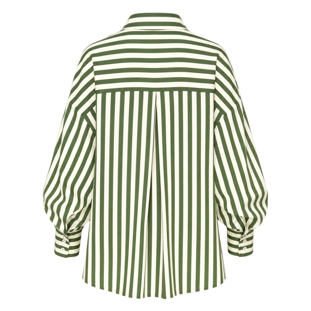 Carolina Herrera Clara Shirt in forest green and ivory vertical stripes, featuring an oversized fit, voluminous bishop sleeves with buttoned cuffs, and a button-front fastening